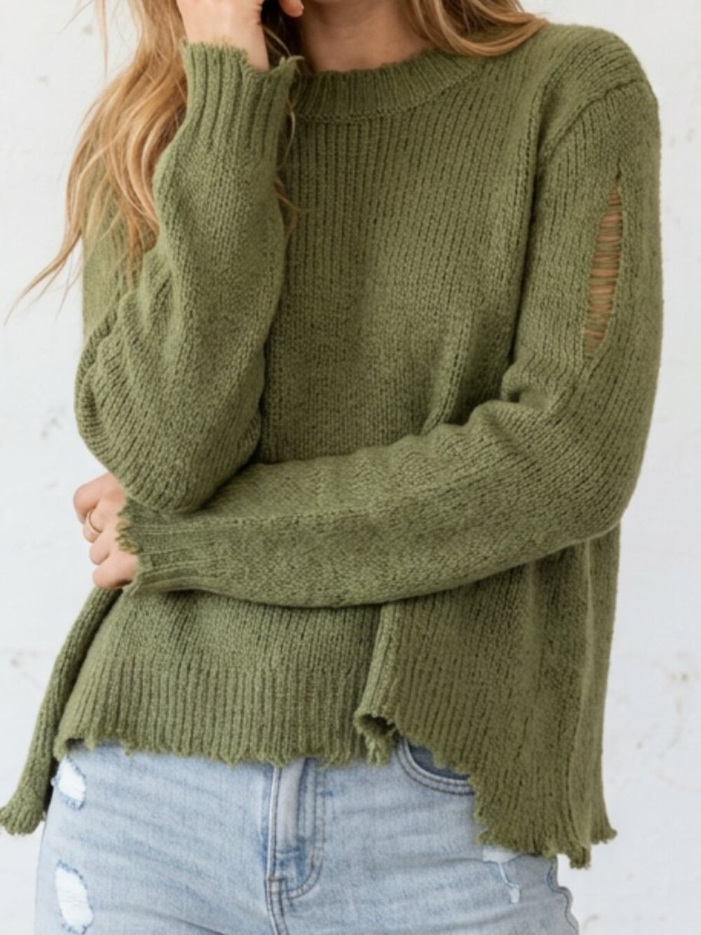 Wooden Ships Distressed Olive Green Sweater Size S/M